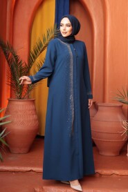 Bead Detailed Indigo Blue Modest Abaya 26331IM - 3
