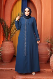 Bead Detailed Indigo Blue Modest Abaya 26331IM - 4
