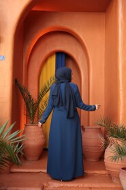 Bead Detailed Indigo Blue Modest Abaya 26331IM - 5