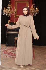 Bead Embellished Beige Modest Abaya 29117BEJ - 1