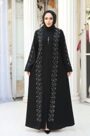 Bead Embellished Black Silver Modest Abaya 29123SGMS - 1