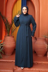 Bead Embellished Indigo Blue Modest Abaya 29118IM - 3
