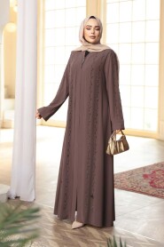 Bead Embellished Light Brown Modest Abaya 29113AKH - 2