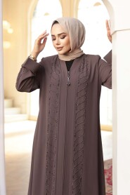 Bead Embellished Light Brown Modest Abaya 29122AKH - 4