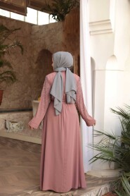 Bead Embellished Light Dusty Rose Modest Abaya 29111AGK - 4