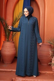 Bead Embellished Petrol Blue Modest Abaya 29123PM - 1