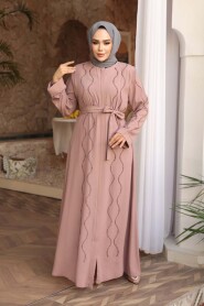 Bead Embellished Powder Pink Modest Abaya 29117PD - 2