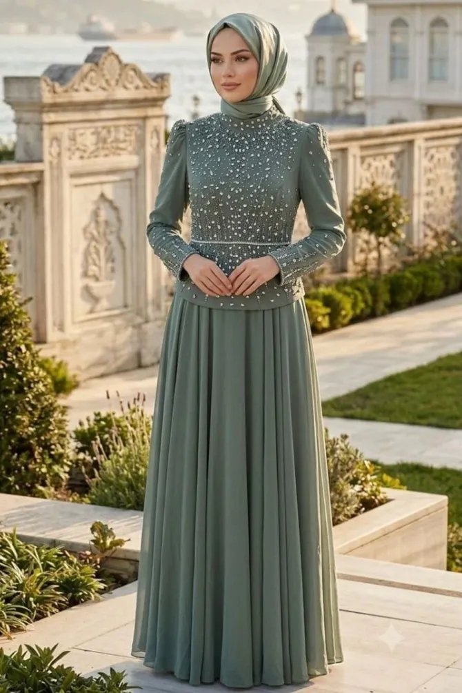 Beaded Crepe Almond Green Modest Evening Dress 5683CY - 