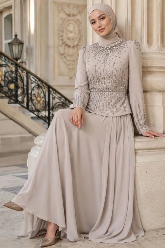 Beaded Crepe Beige Modest Evening Dress 5683Beige - 