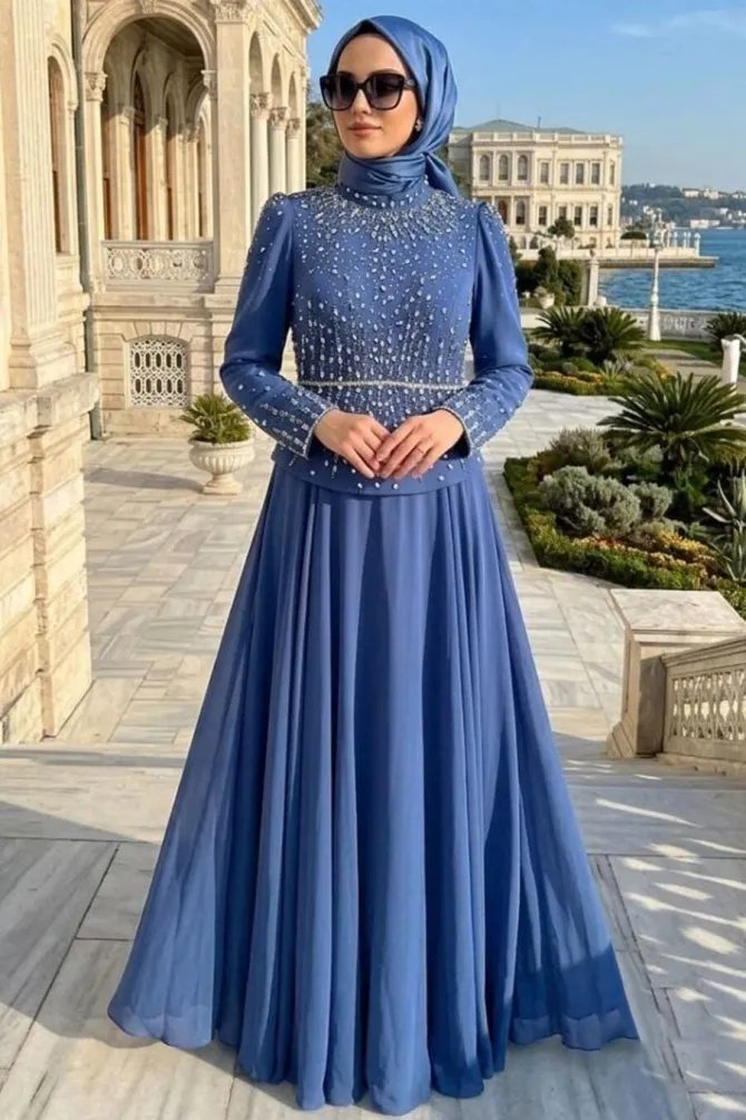 Beaded Crepe Navy Blue Modest Evening Dress 5683L - 