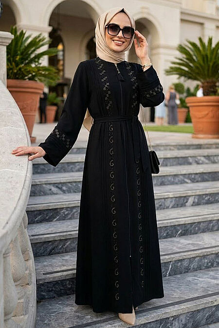Beaded Detail Black Modest Abaya 26104S - 