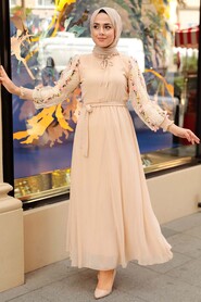 Beige Hijab Dress 10623BEJ - 2