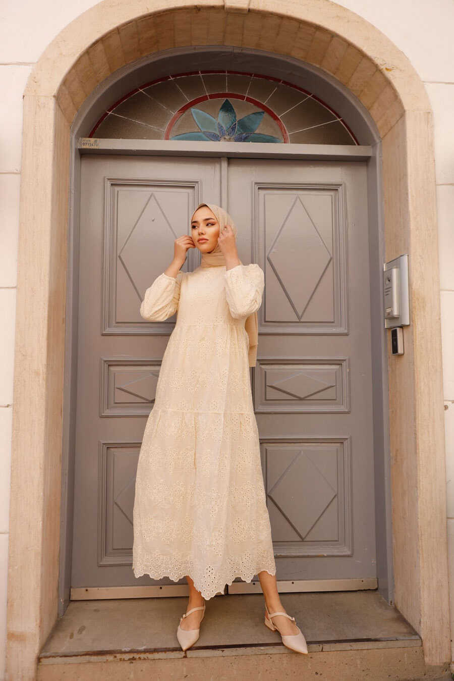 Beige Hijab Dress 1073BEJ