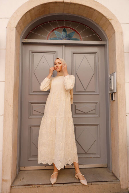 Beige Hijab Dress 1073BEJ - NEVA STYLE