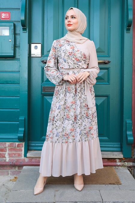 Beige Hijab Dress 12328BEJ - NEVA STYLE