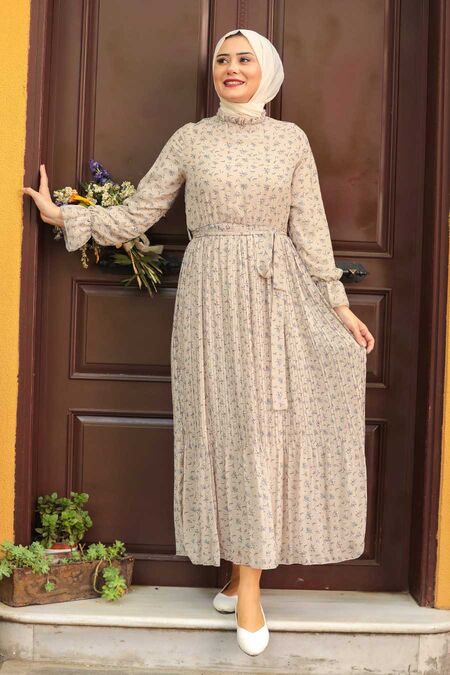 Beige Hijab Dress 1477BEJ - NEVA STYLE
