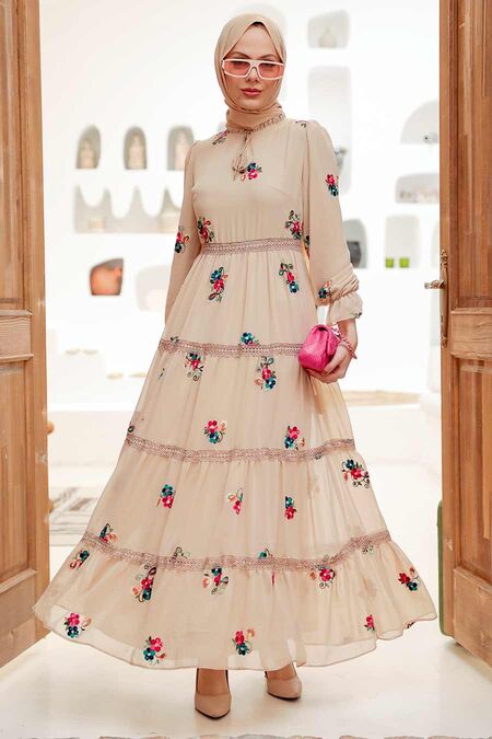 Beige Hijab Dress 32810BEJ - NEVA STYLE