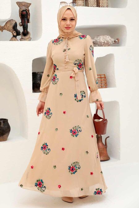 Beige Hijab Dress 32943BEJ - NEVA STYLE
