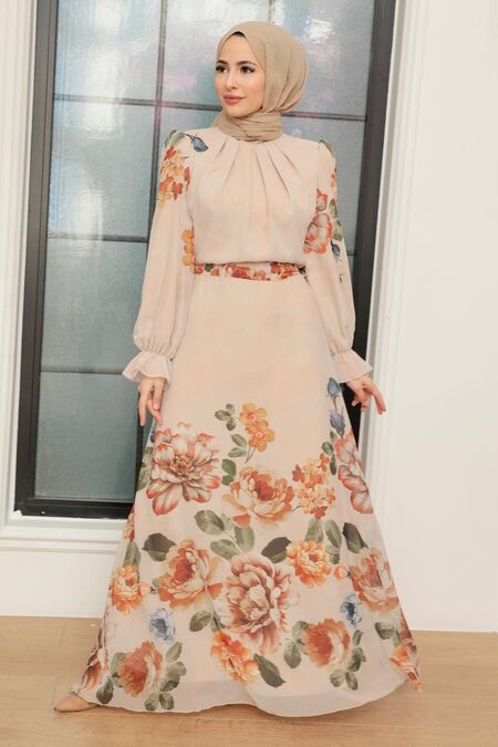 Beige Hijab Dress 35461BEJ - NEVA STYLE