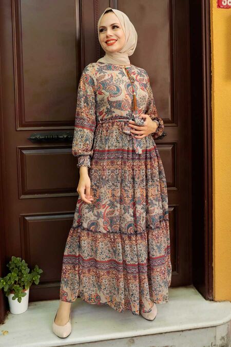 Beige Hijab Dress 76440BEJ - NEVA STYLE