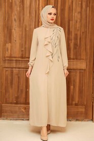  Modern Beige Islamic Long Sleeve Dress 12951BEJ - 1
