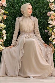  Luxury Beige Muslim Long Sleeve Dress 21850BEJ - 1