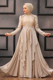  Luxury Beige Muslim Long Sleeve Dress 21850BEJ - 2