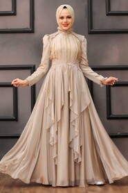  Luxury Beige Muslim Long Sleeve Dress 21850BEJ - 3