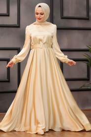 Satin Beige Islamic Evening Gown 28890BEJ - 1