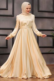  Satin Beige Islamic Evening Gown 28890BEJ - 2