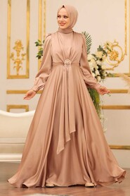  Long Sleeve Beige Hijab Evening Dress 3145BEJ - 3