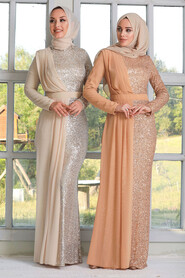 Beige Hijab Evening Dress 34290BEJ - 2