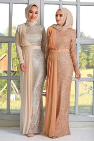 Beige Hijab Evening Dress 34290BEJ - 3