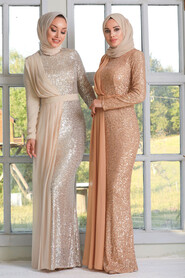 Beige Hijab Evening Dress 34290BEJ - 4