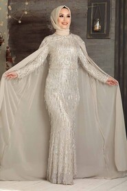 Beige Hijab Evening Dress 3450BEJ - 1