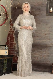 Beige Hijab Evening Dress 3450BEJ - 2