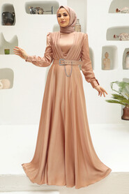  Long Sleeve Beige Islamic Long Sleeve Maxi Dress 3454BEJ - 1