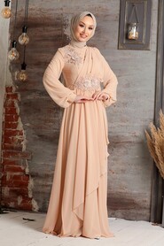 Beige Hijab Evening Dress 3499BEJ - 1