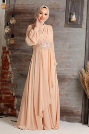 Beige Hijab Evening Dress 3499BEJ - 3