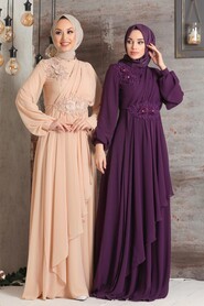 Beige Hijab Evening Dress 3499BEJ - 4