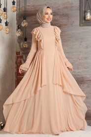 Beige Hijab Evening Dress 3503BEJ - 1