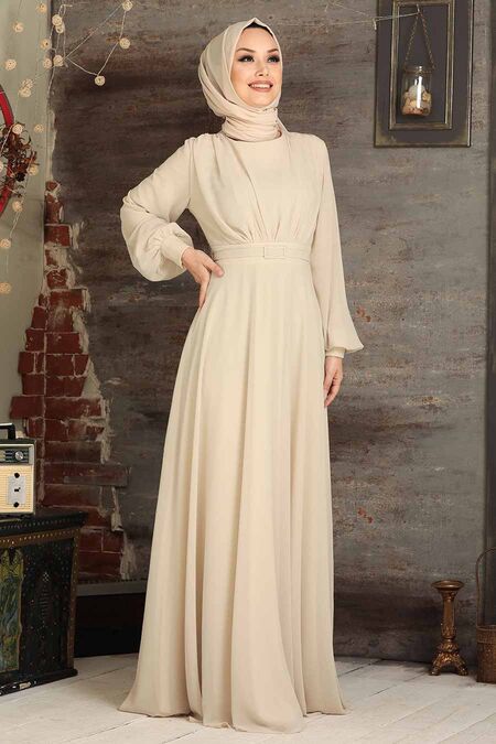 Plus Size Beige Islamic Clothing Evening Dress 5422BEJ - Neva-style.com