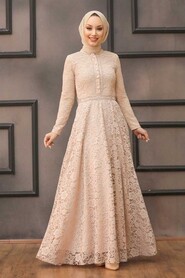 Beige Hijab Evening Dress 54720BEJ - 3
