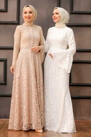 Beige Hijab Evening Dress 54720BEJ - 4