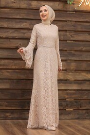 Beige Hijab Evening Dress 5487BEJ - 3