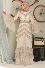 Beige Hijab Evening Dress 75801BEJ - 4