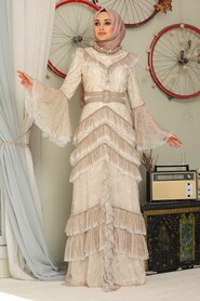 Beige Hijab Evening Dress 75801BEJ - 3