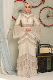 Beige Hijab Evening Dress 75801BEJ - 2