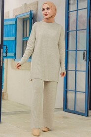 Beige Hijab Knitwear Dual Suit 40782BEJ - 1