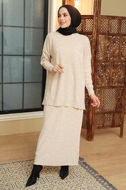 Beige Hijab Knitwear Suit Dress 34021BEJ - 2